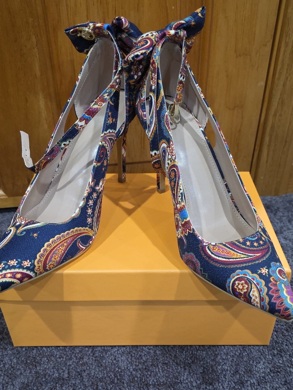 Printed Paisley Ankle-Tie Stiletto Heels in Navy